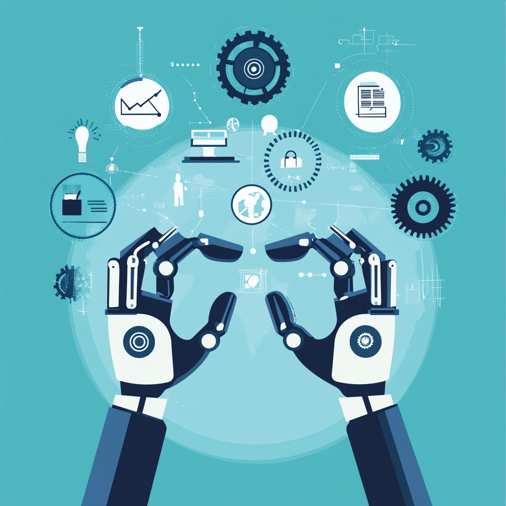 AI-powered process automation illustration showcasing robotic hands improving business efficiency, accuracy, and revenue growth.